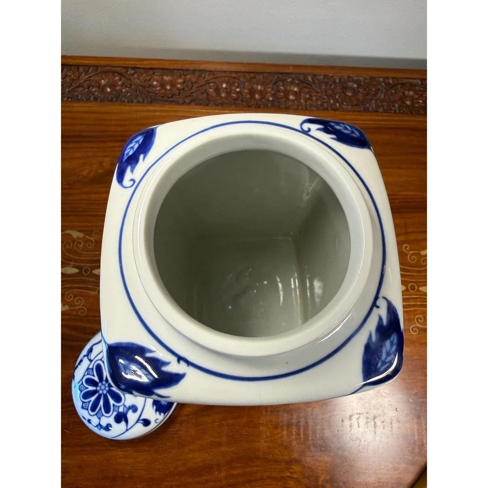 Vintage Bombay Blue & White Porcelain Ginger Jar • Lotus Floral Lidded Jar